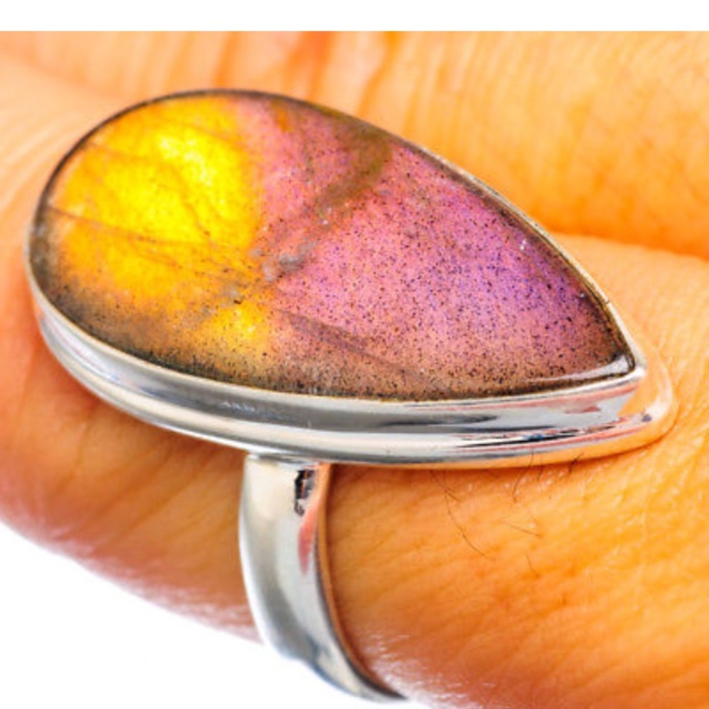 Pinkish purple yellow flash labradorite ring